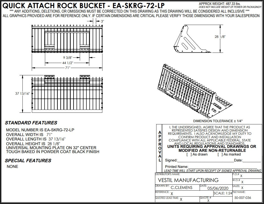 Illustration of a 72-inch Vestil skid steer rock grader attachment for heavy machinery, showing its design and mounting features.