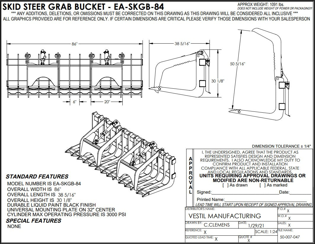 Vestil 84-inch skid steer grab bucket attachment for heavy machinery, showcasing its durable steel construction and gripping arms.