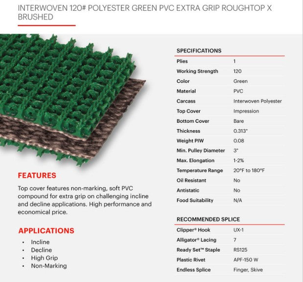 Green 120# rough top conveyor belt by TACT Industrial Products, high friction incline belting for material handling.