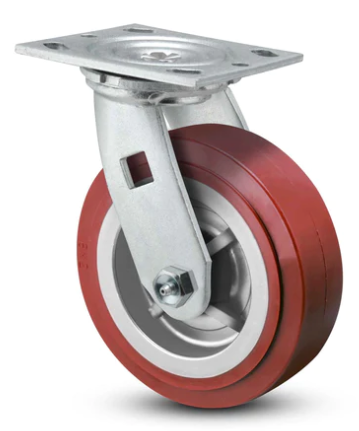 Stainless Steel Swivel Caster with Red Polyurethane Wheel and Black Hub