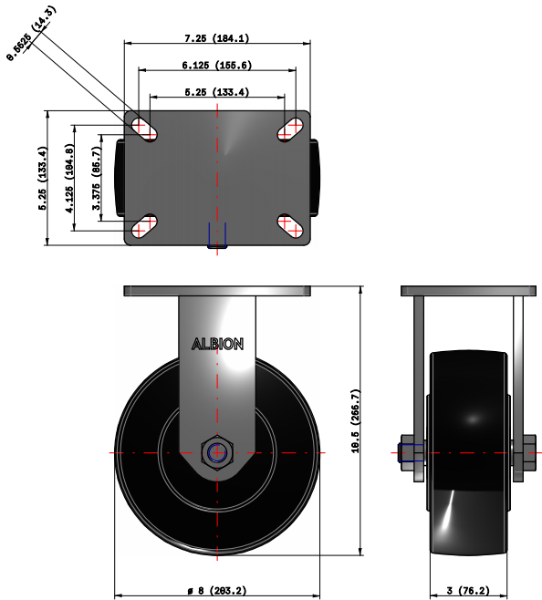 8" x 3" HD Kingpinless Rigid Caster with Solid Nylon Wheel 5400lb Dimensions