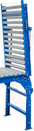 Blue metal gravity roller conveyor gate with multiple horizontal rails and a spring hinge, designed for material handling.