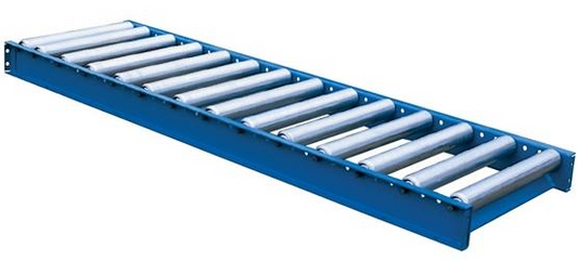 light duty hydraulic gravity roller conveyor with multiple rollers and a steel frame, designed for material handling.