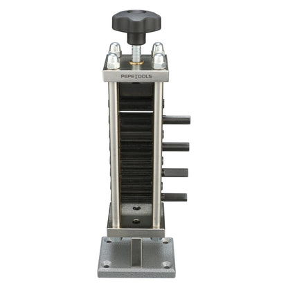 Pepetools corrugating rolling mill used to create textured, corrugated metal sheets, with adjustable rollers and sturdy construction.