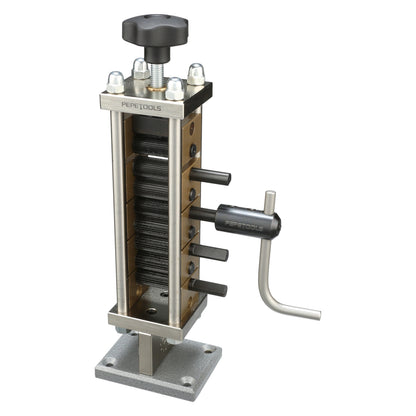 Pepetools corrugating rolling mill for creating textured, corrugated metal surfaces in metalworking projects.
