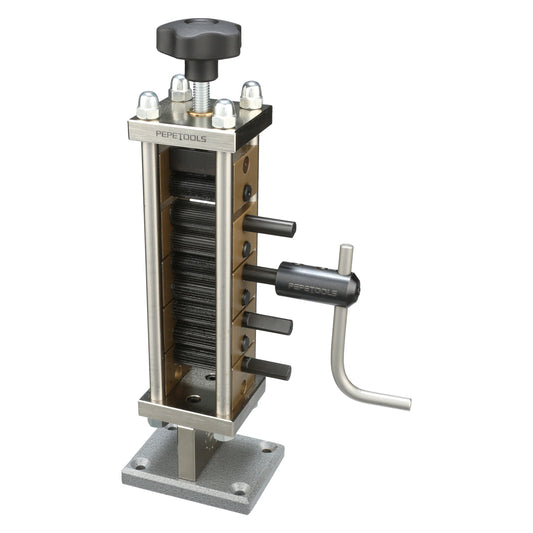 Pepetools corrugating rolling mill for creating textured, corrugated metal surfaces in metalworking projects.