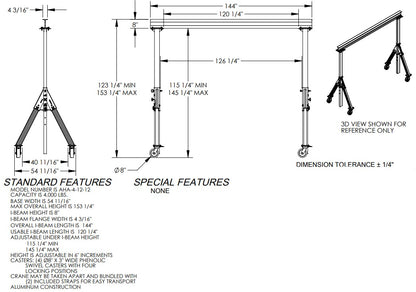 Portable adjustable aluminum gantry crane with corrosion-resistant I-beam, featuring a sturdy design for lifting and moving heavy loads.