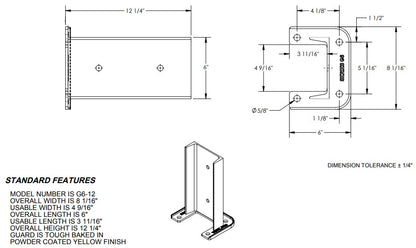 Steel pallet rack post protector in safety yellow, 12 inches tall, designed to guard industrial storage posts.