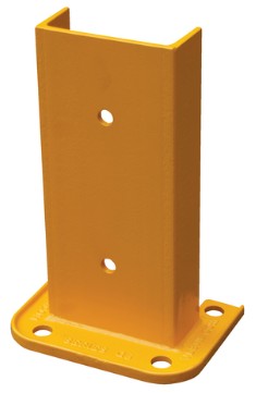 Yellow steel pallet rack post protector by TACT Industrial, 12-inch tall safety guard for warehouse storage posts.