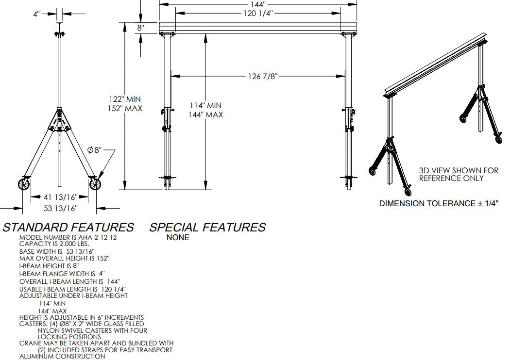 Adjustable aluminum gantry crane by Vestil with corrosion-resistant I-beam, portable and suitable for lifting heavy loads.