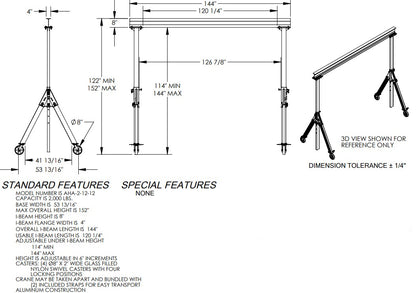 Adjustable aluminum gantry crane by Vestil with corrosion-resistant I-beam, portable and suitable for lifting heavy loads.