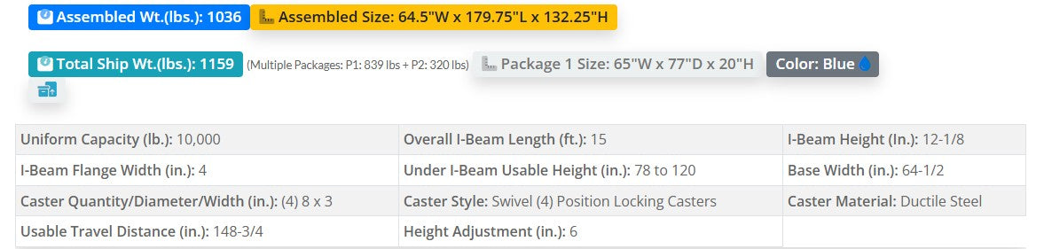 Portable adjustable steel gantry crane by Vestil with heavy-duty I-beam construction, shown with detailed specifications.