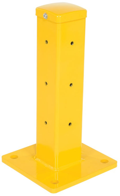 Yellow 12-inch Vestil structural guard rail post for safety guarding, drop-in and bolt-on style for secure railing installation.