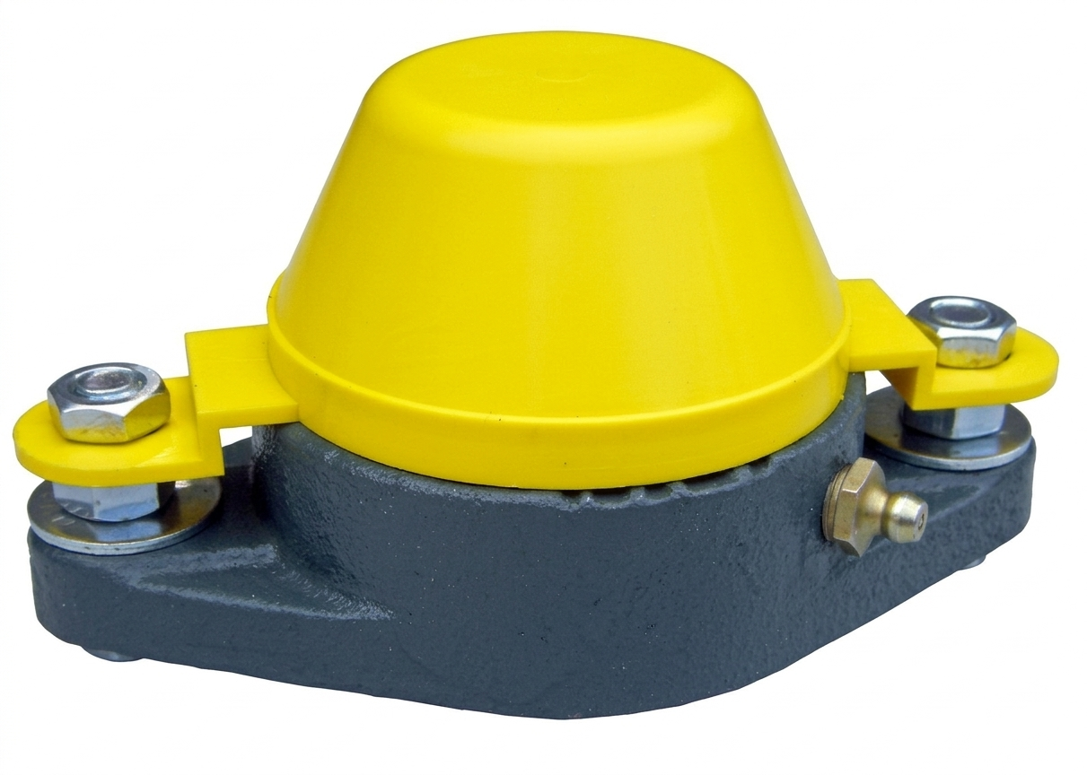 Two-bolt flange bearing guard by TACT Industrial Products, safety guarding cover for protecting machinery bearings.