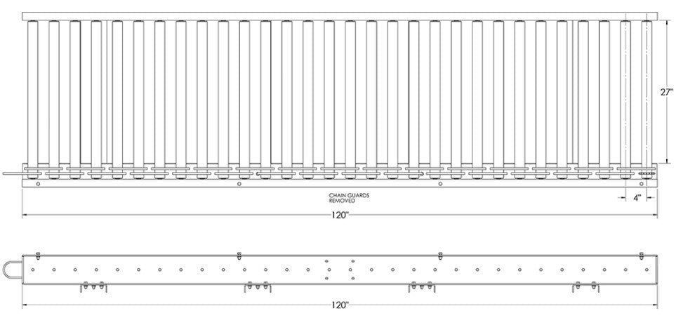 Chain driven live roller conveyor by TACT Industrial Products, 27-inch wide by 120-inch long powered pallet conveyor with slave drive