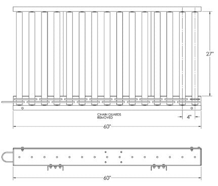 Chain driven live roller conveyor by TACT Industrial with 27-inch width and 60-inch length, used for pallet handling or material transport.