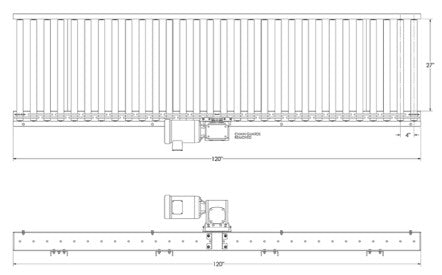 Chain driven live roller conveyor by TACT Industrial, 27-inch wide by 120-inch long powered conveyor for pallet handling.