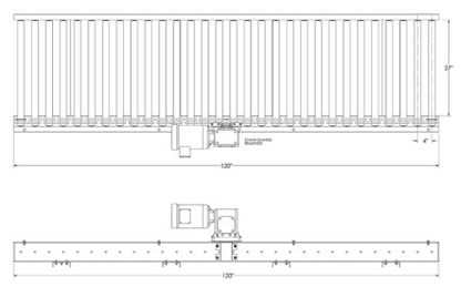 Chain driven live roller conveyor by TACT Industrial, 27-inch wide by 120-inch long powered conveyor for pallet handling.