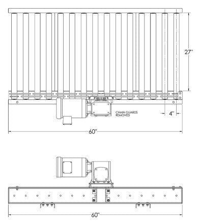 Chain driven live roller conveyor from TACT Industrial, 27-inch wide by 60-inch long powered pallet conveyor with center drive.