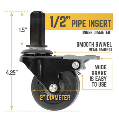 Four swivel caster wheels for ½-inch pipe from PIPE DECOR, featuring durable metal construction and smooth rotation for mobile furniture.
