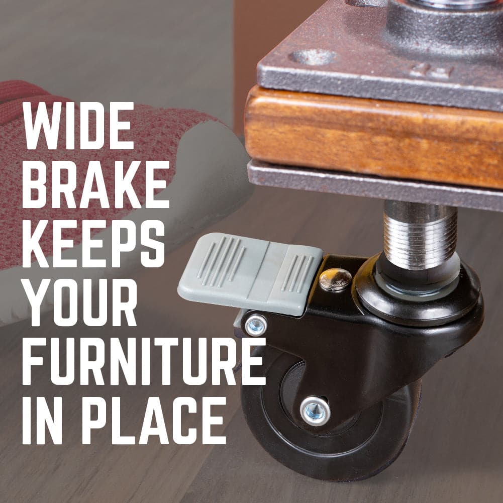 Set of four swivel caster wheels for ½-inch pipe from PIPE DECOR, showing smooth-rolling metal wheels on a metal frame.