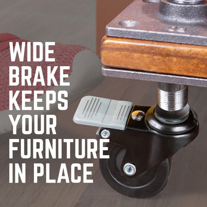 Set of four swivel caster wheels for ½-inch pipe from PIPE DECOR, showing smooth-rolling metal wheels on a metal frame.