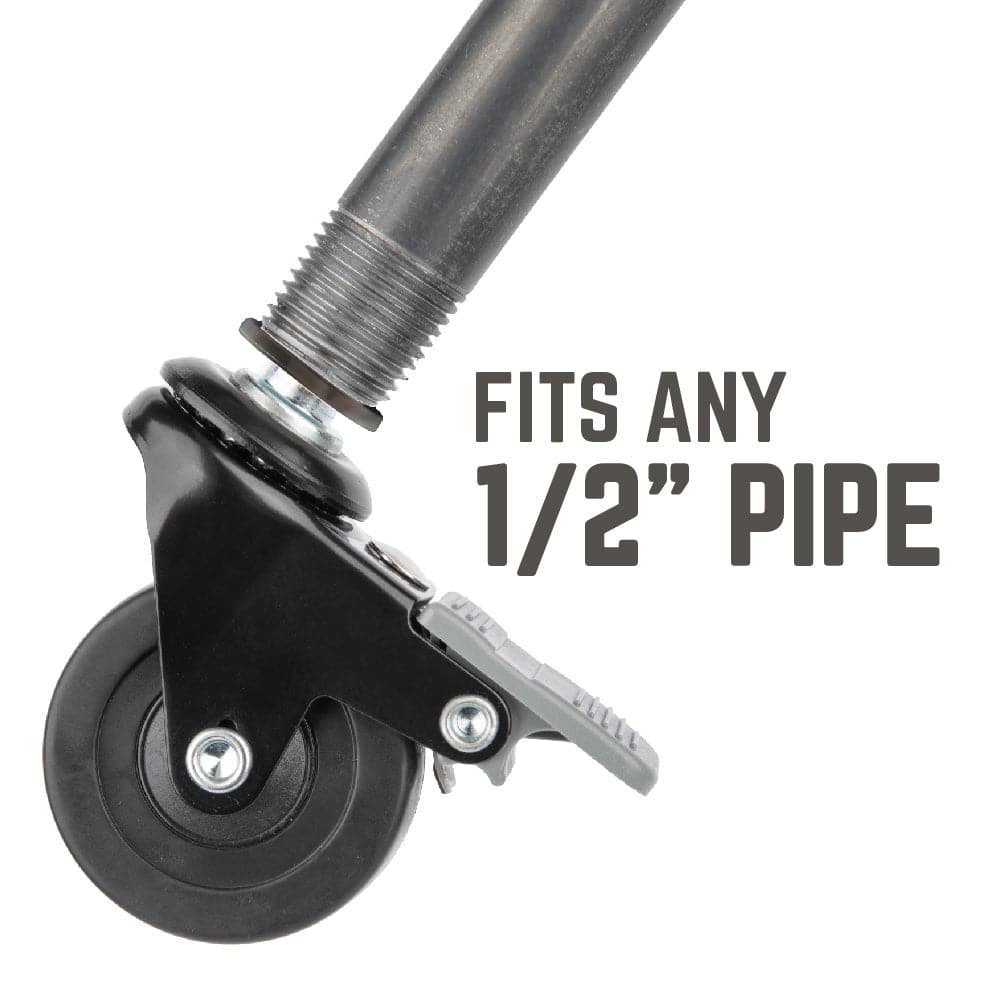 Set of four swivel caster wheels for ½-inch pipe, made by PIPE DECOR, shown mounted on pipes for easy mobility.