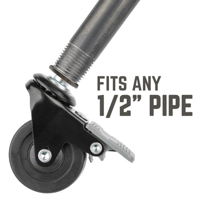 Set of four swivel caster wheels for ½-inch pipe, made by PIPE DECOR, shown mounted on pipes for easy mobility.