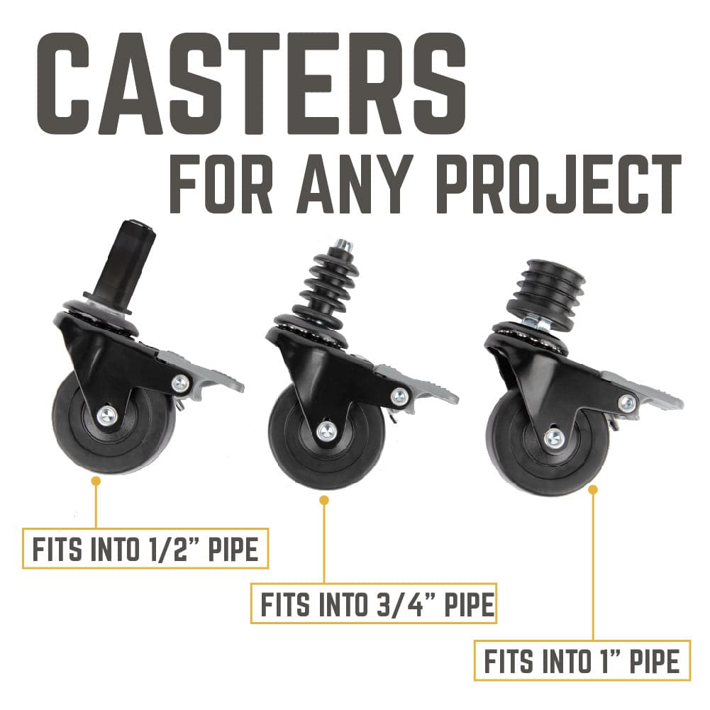 Set of four swivel caster wheels for ½-inch pipe by PIPE DECOR, showing smooth rolling casters with metal mounts.