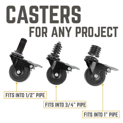 Set of four swivel caster wheels for ½-inch pipe by PIPE DECOR, showing smooth rolling casters with metal mounts.