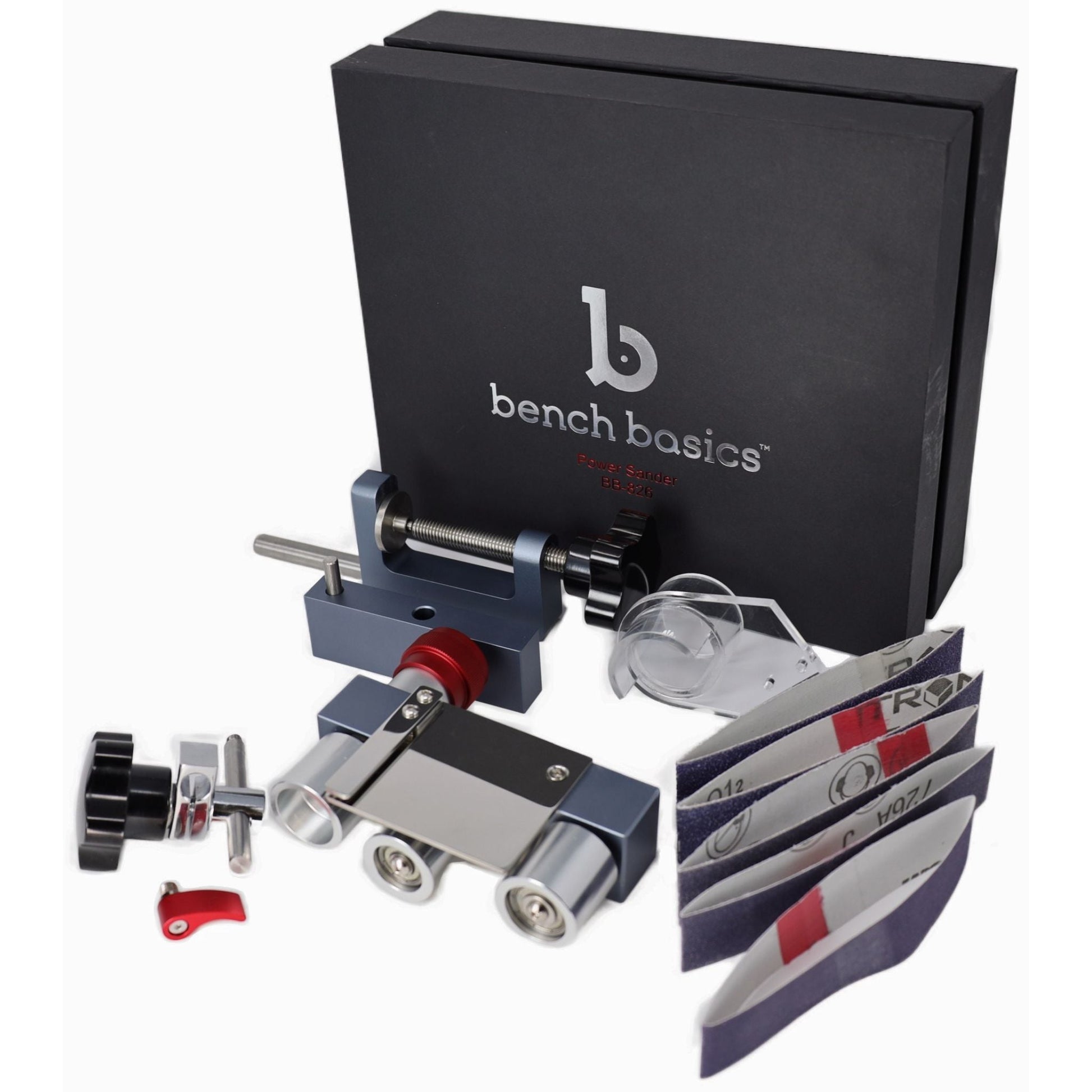 Pepetools Power Sander flexshaft belt attachment for Bench Basics, shown in use with detailed view of the tool and belt system.