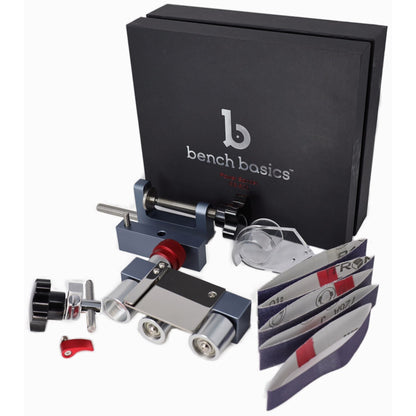 Pepetools Power Sander flexshaft belt attachment for Bench Basics, shown in use with detailed view of the tool and belt system.