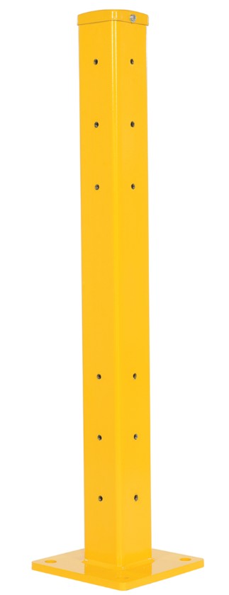Yellow 42-inch Vestil structural guard rail post for safety guarding, drop-in and bolt-on style for secure railing installation.