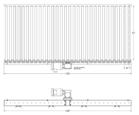 Chain driven live roller conveyor by TACT Industrial, 51-inch wide and 120-inch long powered pallet conveyor with center drive