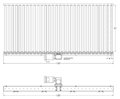 Chain driven live roller conveyor by TACT Industrial, 51-inch wide and 120-inch long powered pallet conveyor with center drive