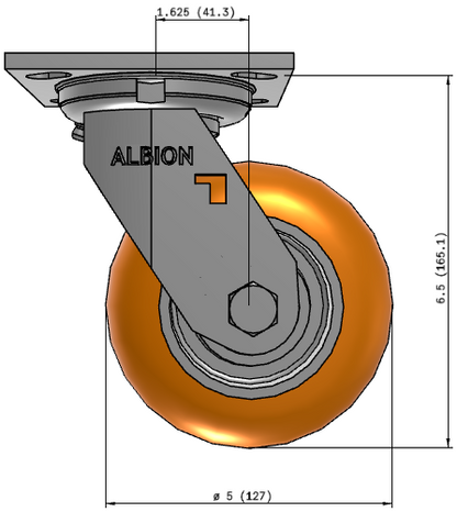 Tact Industrial swivel caster with ergonomic reactive poly wheels, 1500 lb capacity, low push-force design, shown with dimensions.