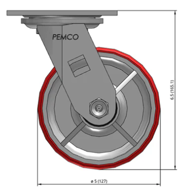 Heavy-duty polyurethane caster wheel on iron swivel with 1250 lb capacity, designed for industrial use by TACT Industrial Products.