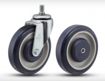 5-inch PolyKat shopping cart caster with threaded stem and polyurethane wheels by TACT Industrial Products, ideal for durable trolley mobility.