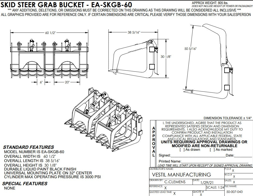 Vestil skid steer grab bucket attachment with 60-inch wide steel bucket and hydraulic grips for heavy machinery handling.