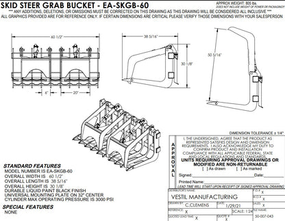 Vestil 60-inch skid steer grab bucket attachment with heavy-duty steel construction and hydraulic arms for loading and handling materials.