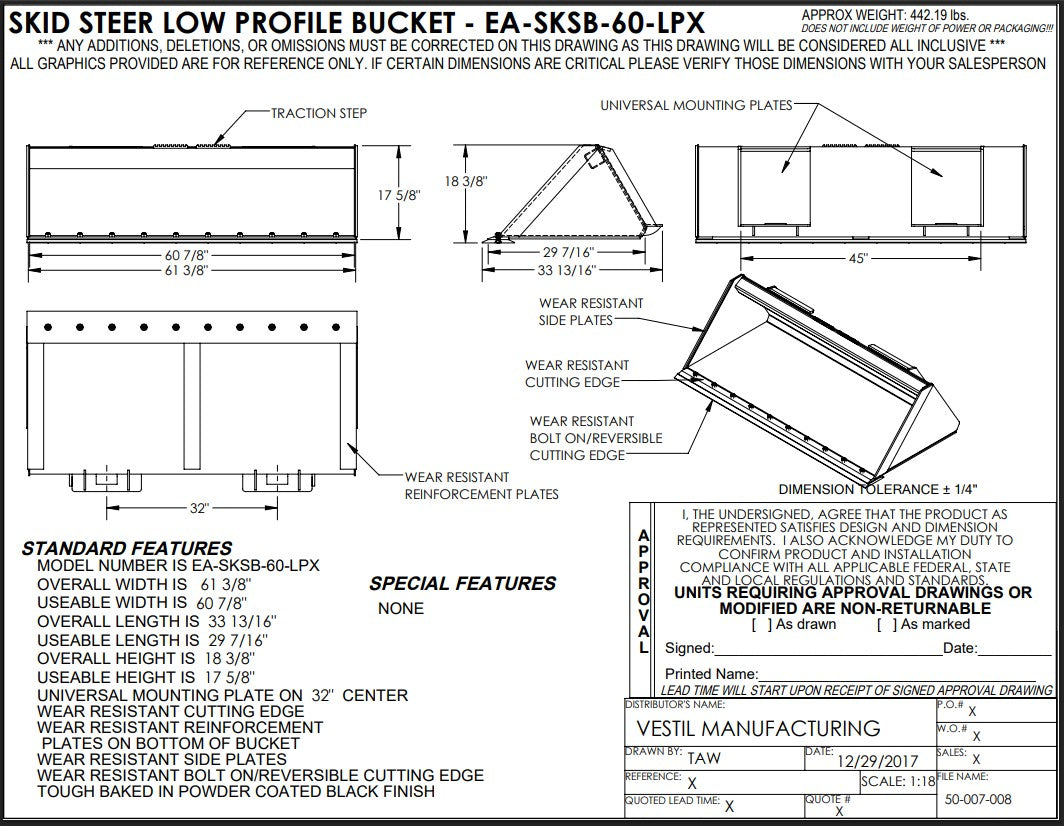 Vestil 60-inch skid steer bucket attachment for heavy machinery, shown with detailed drawing of construction and design features.