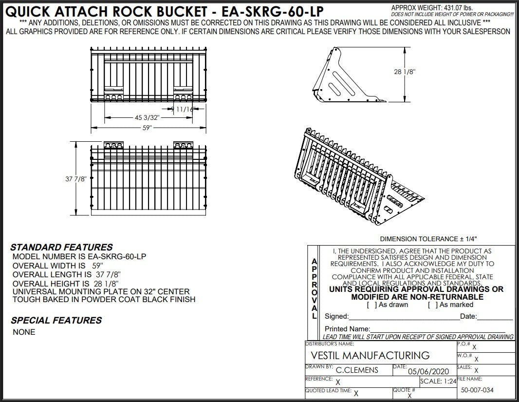 Vestil 60-inch skid steer rock grader attachment for heavy machinery, featuring a durable blade for grading and leveling soil.