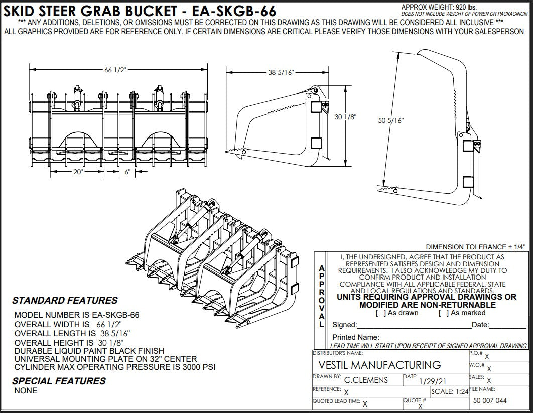 Vestil 66-inch skid steer grab bucket attachment for heavy machinery, shown with detailed drawing of its robust design.