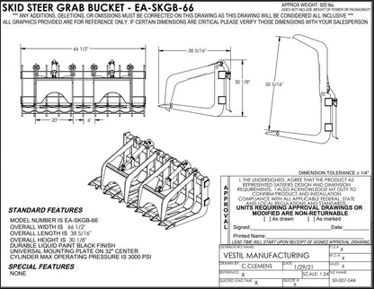 Vestil 66-inch skid steer grab bucket attachment for heavy machinery, showing detailed drawing of the durable metal grab bucket.