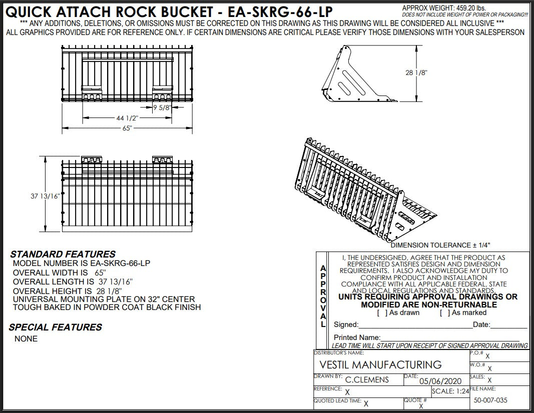 Vestil 66-inch skid steer rock grader attachment for heavy machinery, showing detailed technical drawing of the grading blade.