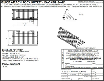 Vestil 66-inch skid steer rock grader attachment for heavy machinery, shown in technical drawing with blade and mounting features.