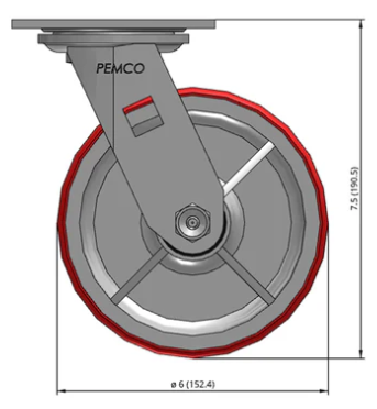 6" Polyurethane on Iron Swivel Castor Dimensions