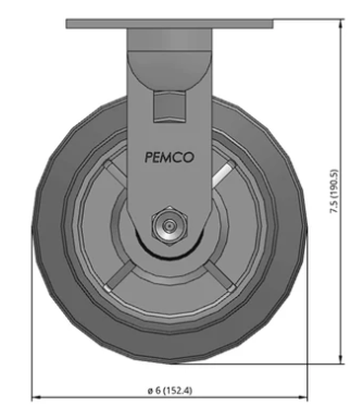 Medium duty TPR caster with soft rubber non-marking wheels from TACT Industrial Products, shown with rigid therm rubber wheel dimensions.