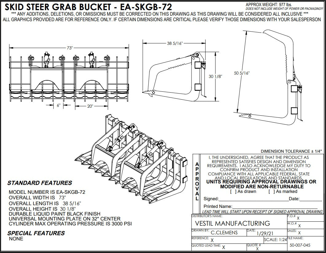 Vestil 72-inch skid steer grab bucket attachment for heavy machinery, designed for loading and lifting materials efficiently.