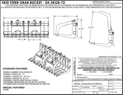 Vestil 72-inch skid steer grab bucket attachment for heavy machinery, shown with detailed technical drawing.